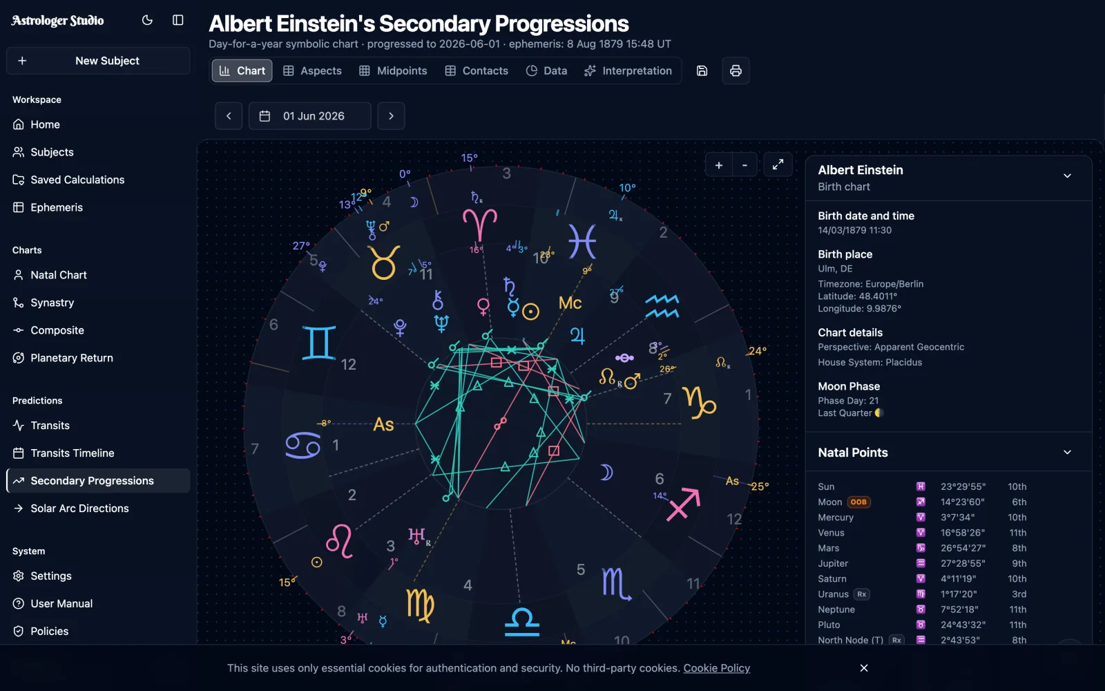 Secondary Progressions — Cast a progressed chart and read its contacts to the natal chart, with progressed aspects and midpoints and predictive orbs you control.
