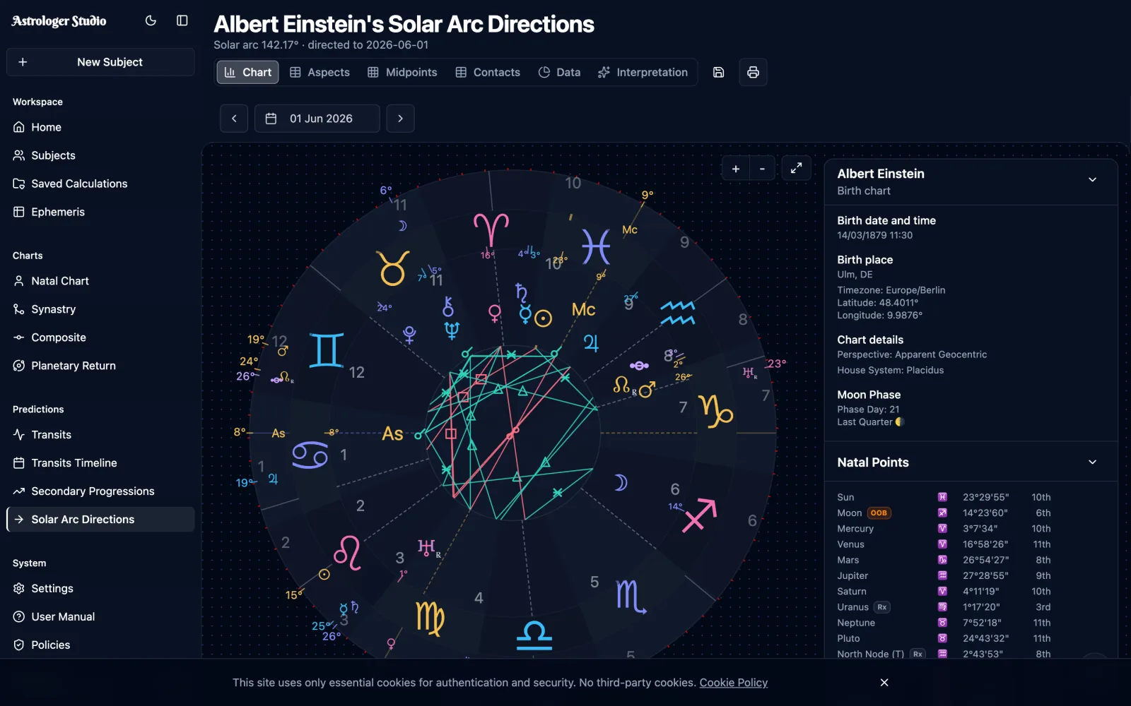 Solar Arc Directions — Direct the whole chart by solar arc and see exactly which natal points it activates, with tight predictive orbs and full aspect and midpoint tables.
